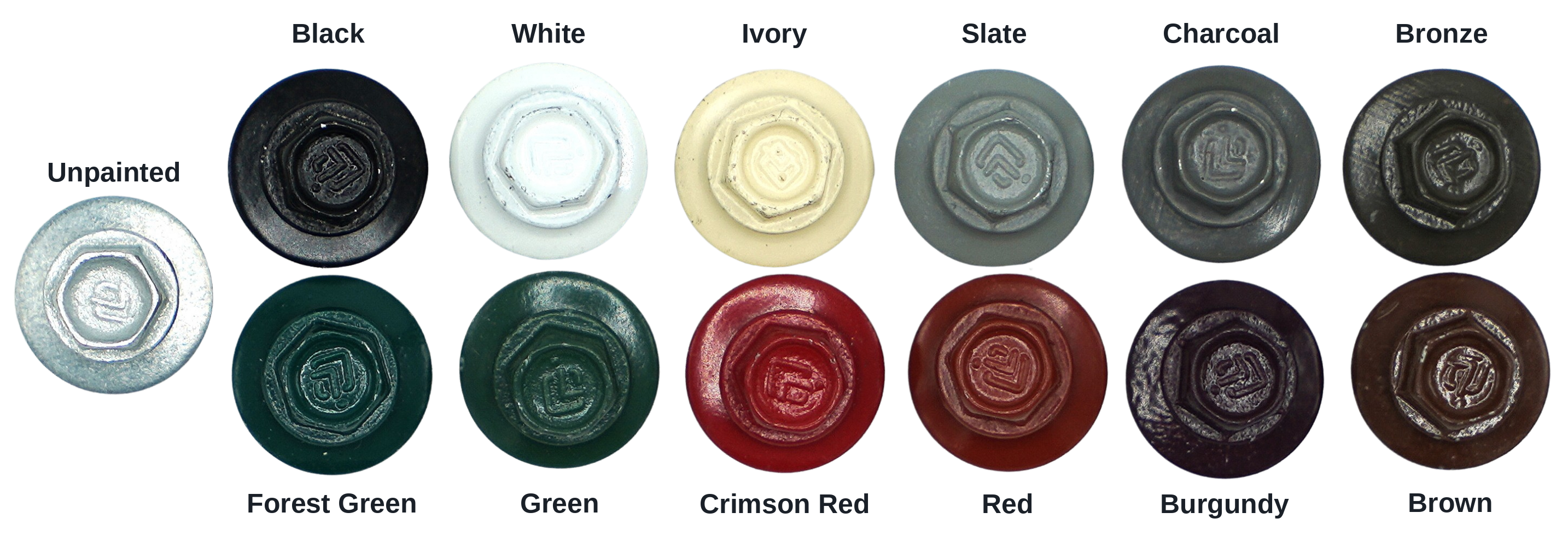 ProZ stitch roofing screw head color chart showing unpainted, black, white, ivory, slate, charcoal, bronze, forest green, green, crimson red, red, burgundy, and brown painted heads