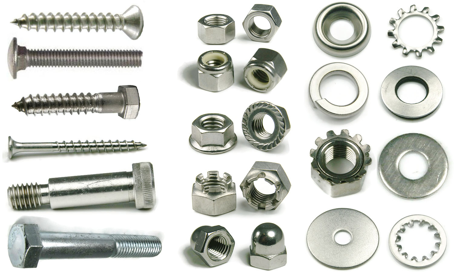 columns of screws, bolts, nuts and washers; a variety.