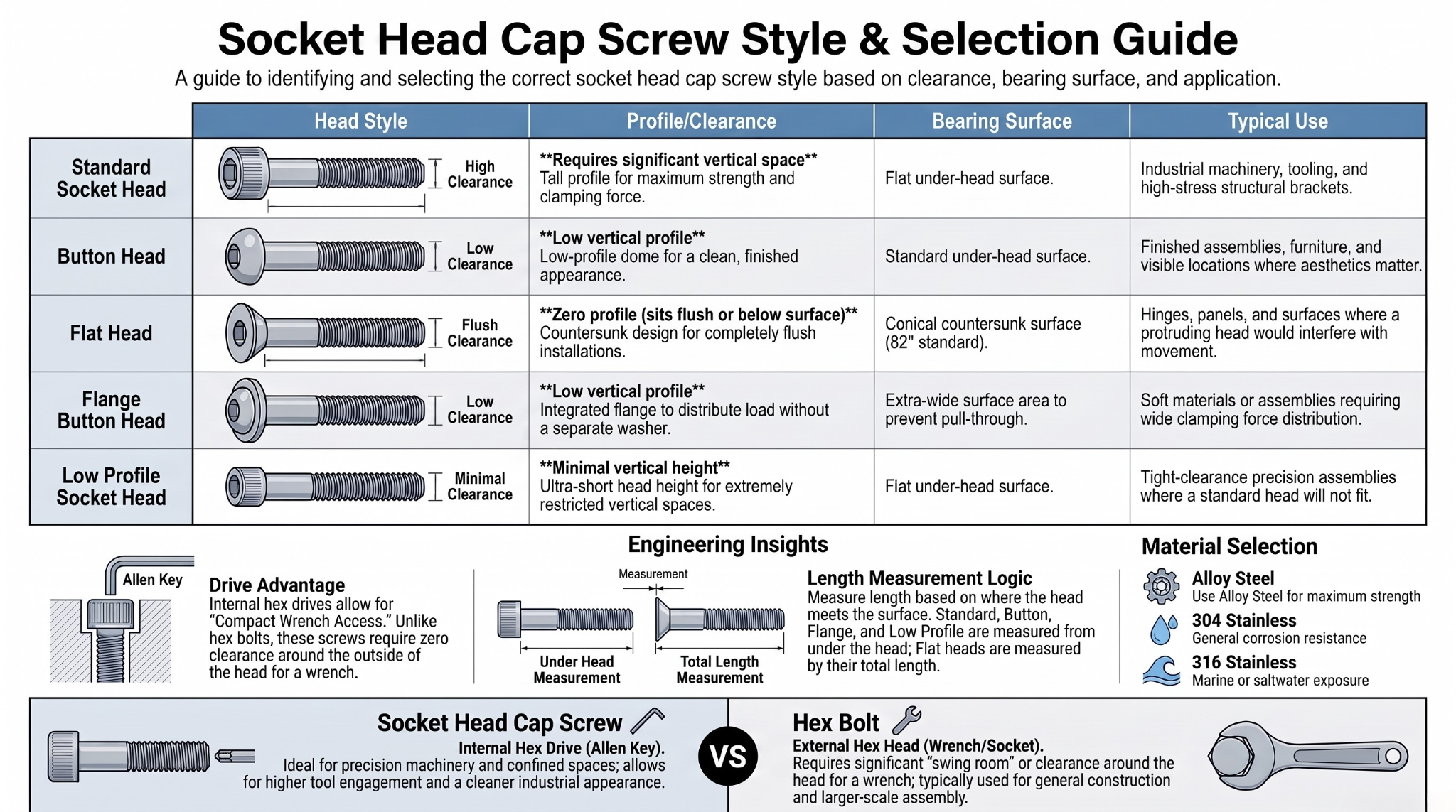 Socket Head Cap Screw Style and Selection Guide comparing standard socket head, button head, flat head, flange button head, and low profile socket head cap screws