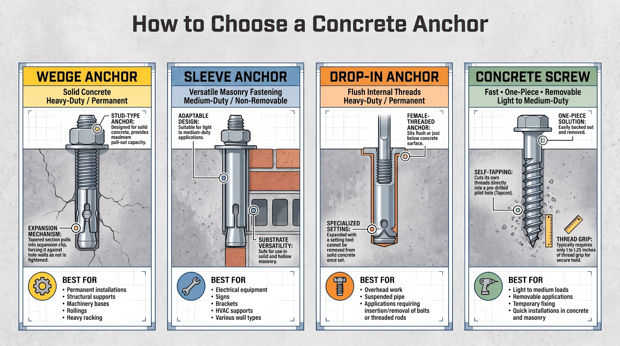 Concrete anchor selection guide comparing wedge anchors, sleeve anchors, drop-in anchors, and concrete screws