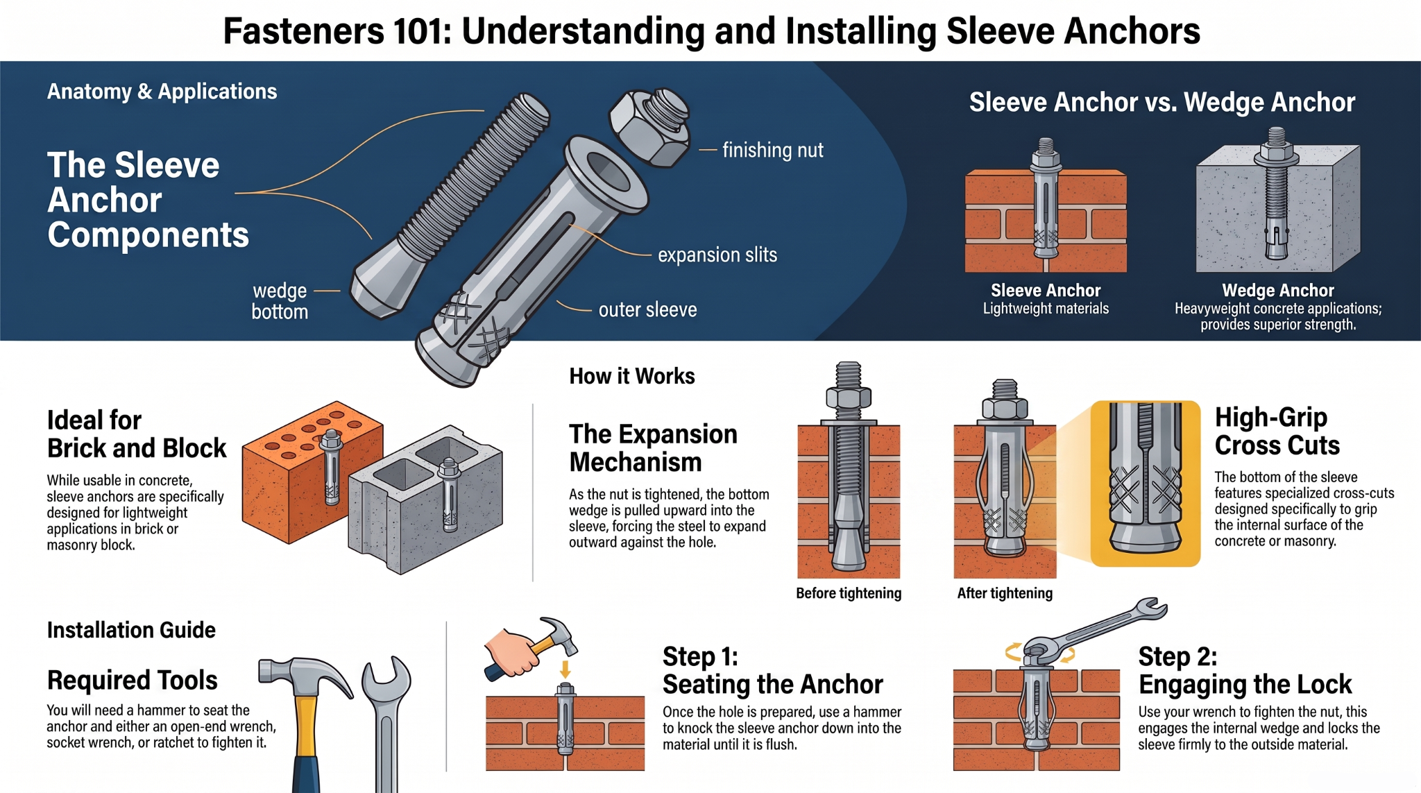 Sleeve anchor installation guide showing sleeve anchor components, expansion mechanism, use in brick and concrete block, sleeve anchor vs wedge anchor, and installation steps