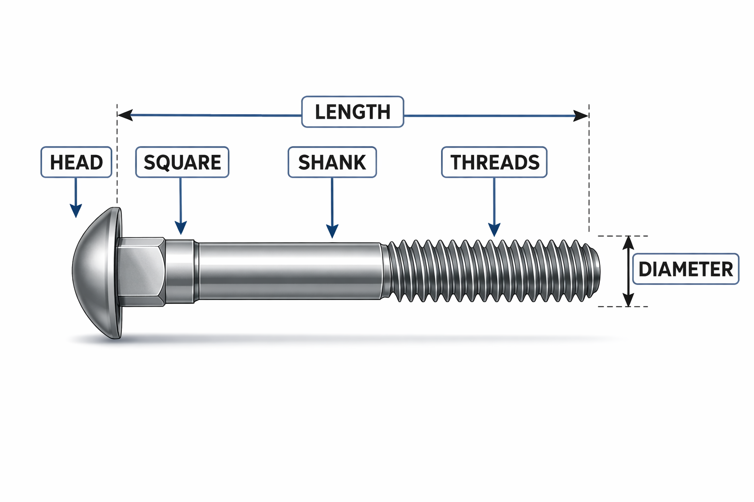 Carriage Bolt Diagram Showing Head, Square Neck, Shank, Threads, Length and Diameter