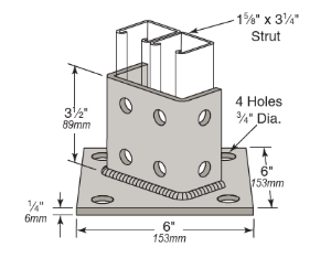 Square Double Strut Post Base Angled, For Unistrut Channel, 12 Hole, 6" x 6" x 3-1/2" Leg