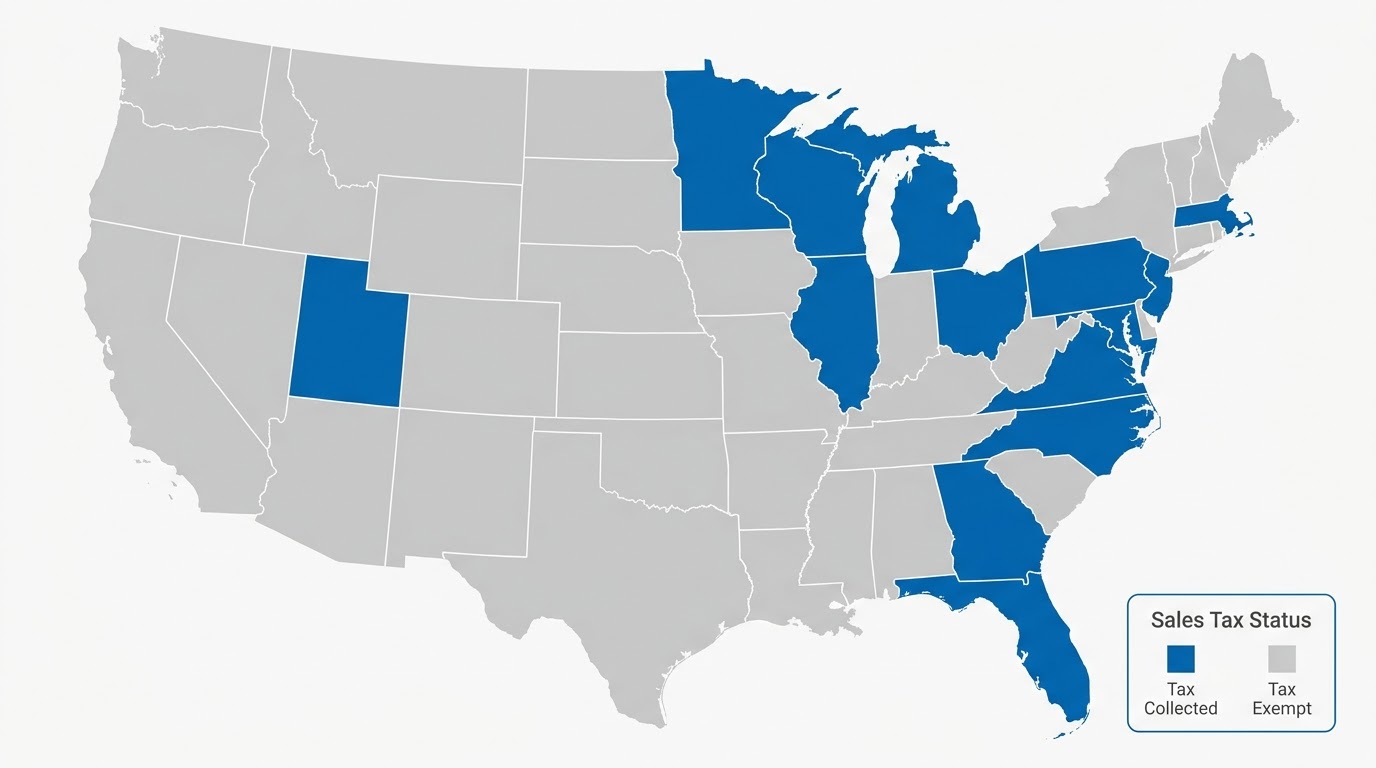 United States map showing states where Albany County Fasteners collects sales tax highlighted in blue