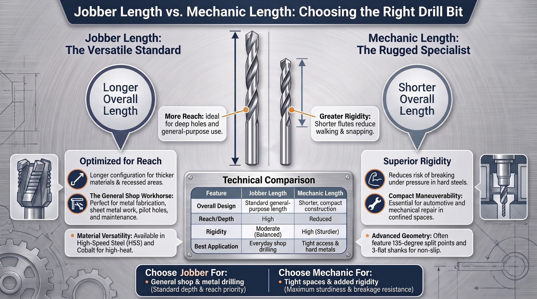 Jobber Length vs Mechanic Length Drill Bit Guide comparing overall length, rigidity, reach, and typical applications