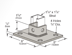 Square Strut Post Base Standard Short, For Unistrut Channel, 7 Hole, 6 ...