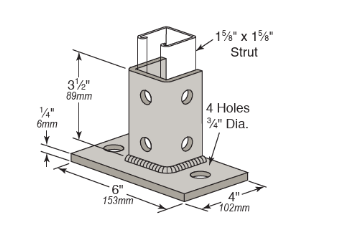 Rectangular Frame Strut Rectangular Strut Post Base Flush, 8 Hole, For Unistrut Channel, 6
