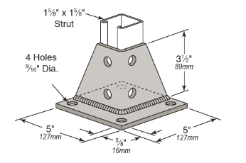 Strut Post Base Welded Corner, 8 Hole, For Unistrut Channel, 5" x 5" x 3-1/2" Leg