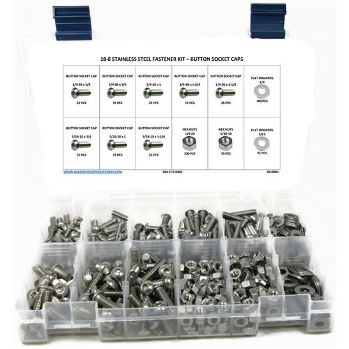 Kit Assortment, Button Head Socket Cap Screws with Nuts and Washers, Stainless Steel 18-8, 551 Piece Kit Assortment, Button Head Socket Cap Screws with Nuts and Washers, Stainless Steel 18-8, 551 Piece