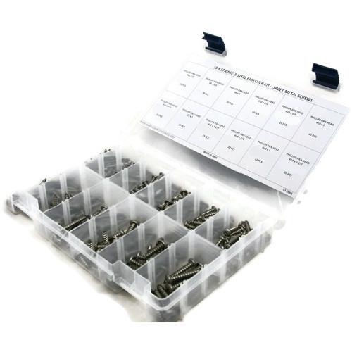 Kit Assortment, Sheet Metal Screws, Phillips Pan Head, Stainless Steel  18-8, 296 Pieces Kit Assortment, Sheet Metal Screws, Phillips Pan Head, Stainless Steel  18-8, 296 Pieces