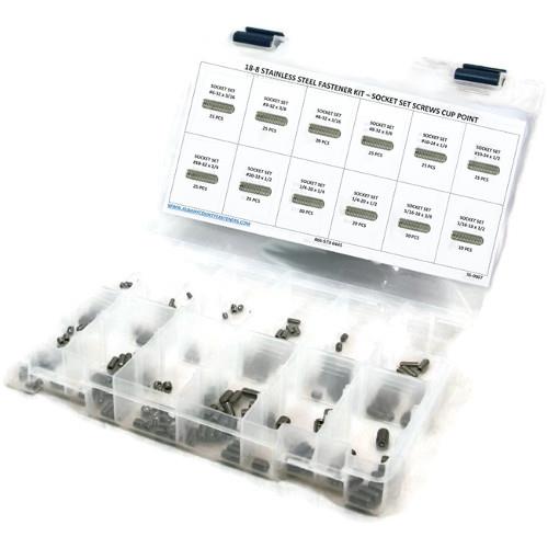 Kit Assortment, Socket Set Screws, Cup Point, Stainless Steel 18-8, 256 Pieces