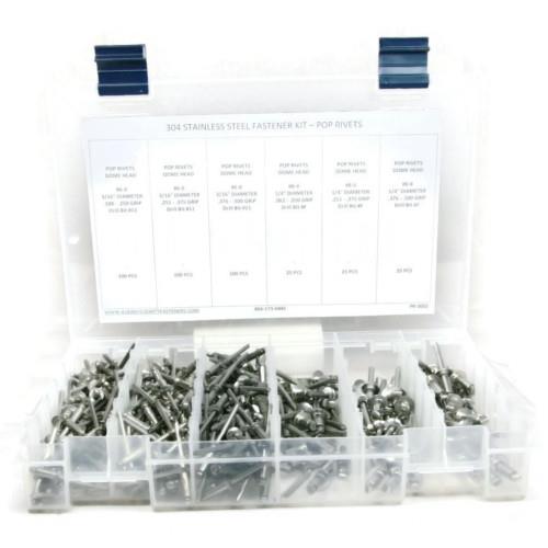 Kit Assortment, Pop Rivets, Sizes #4-2 through #6-8, Stainless Steel 304, 376 Pieces Kit Assortment, Pop Rivets, Sizes #4-2 through #6-8, Stainless Steel 304, 376 Pieces