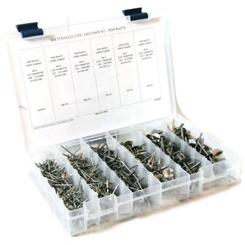 Kit Assortment, Pop Rivets, Large Flange Size #4-2 through #6-8,  304 Stainless Steel, 451 Pieces