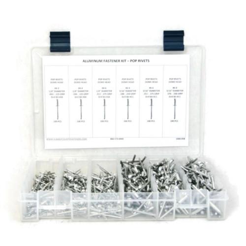 Kit Assortment, Pop Rivets, Open End Sizes #4-2 through #6-8, All Aluminum, 601 Pieces