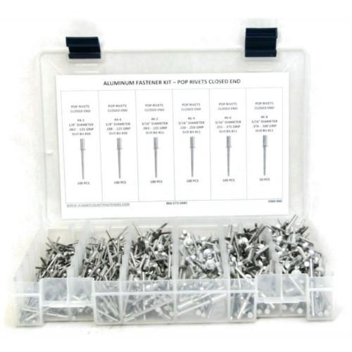 Kit Assortment, Pop Rivets, Closed End Sizes #4-2 through #6-8, All Aluminum, 551 Pieces