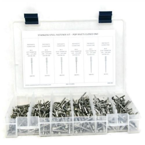 Kit Assortment, Pop Rivets, Closed End Sizes #4-2 through #6-8, 304 Stainless Steel, 551 Pieces Kit Assortment, Pop Rivets, Closed End Sizes #4-2 through #6-8, 304 Stainless Steel, 551 Pieces