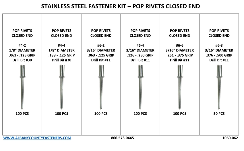Kit Assortment, Pop Rivets, Closed End Sizes #4-2 through #6-8, 304 ...