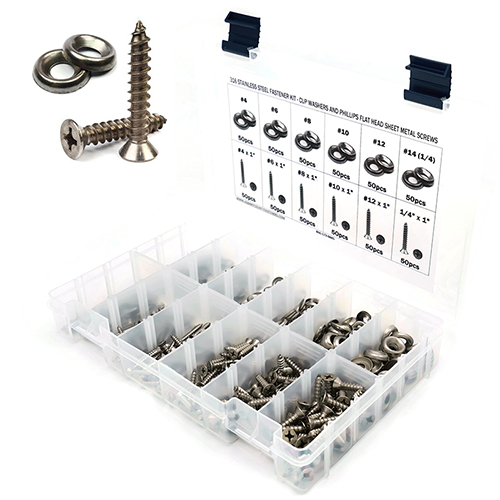 Kit, Sheet Metal Screws w/ Finishing Cup Washers, Phillips Flat Head, Stainless Steel 316, 601 Piece Kit, Sheet Metal Screws w/ Finishing Cup Washers, Phillips Flat Head, Stainless Steel 316, 601 Piece
