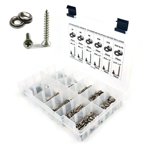 Kit, Sheet Metal Screws w/ Finishing Cup Washers, Phillips Oval Head, 316 Stainless Steel, 301 Piece Kit, Sheet Metal Screws w/ Finishing Cup Washers, Phillips Oval Head, 316 Stainless Steel, 301 Piece