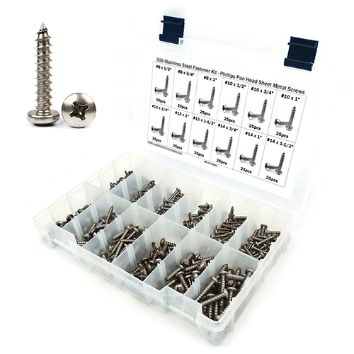 Kit Assortment, Sheet Metal Screws, Phillips Pan Head, Stainless Steel 316, 326 Pieces