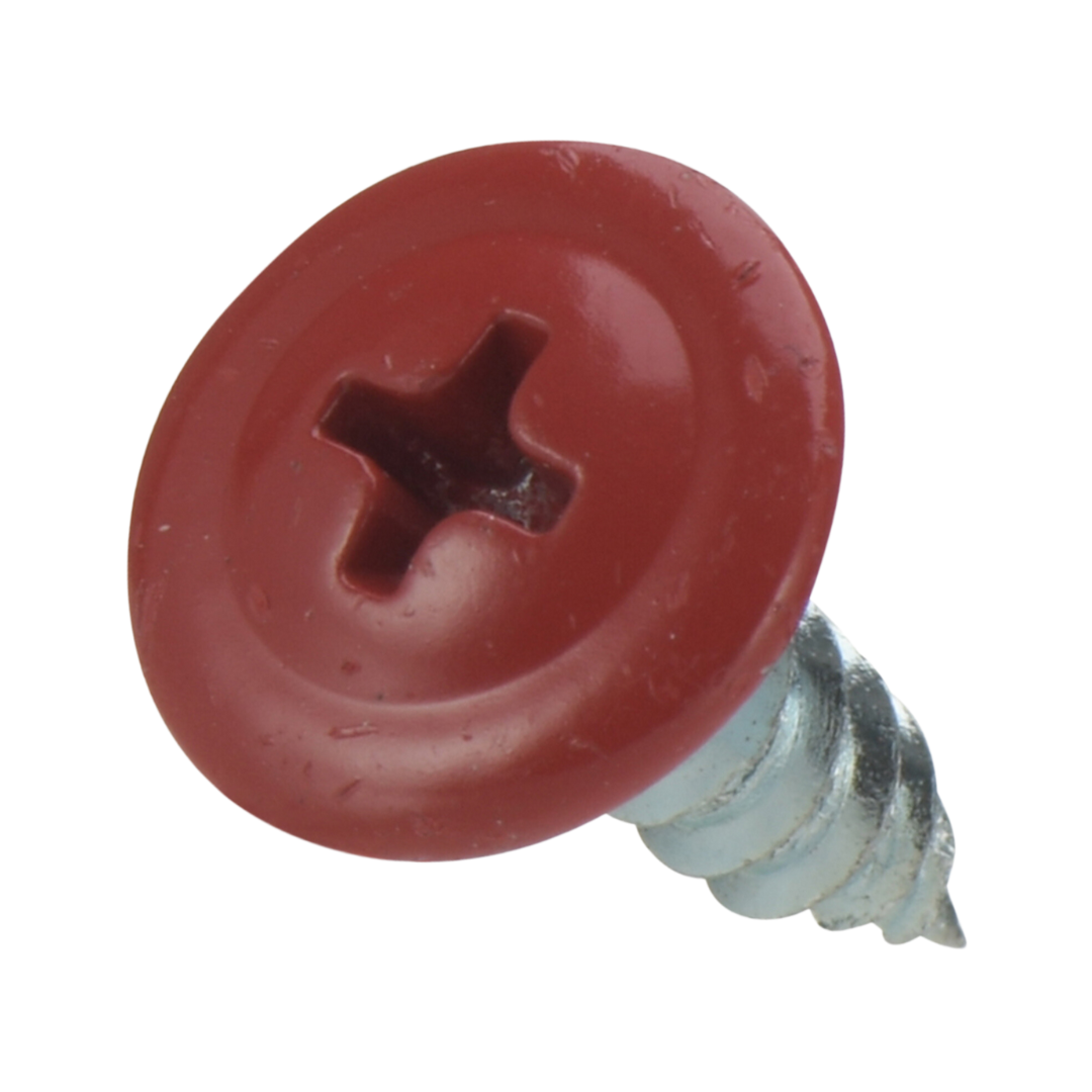 Roofing Screws, Phillips Wafer Head, Sharp Point, Zinc Plated Steel, Crimson Red, #8