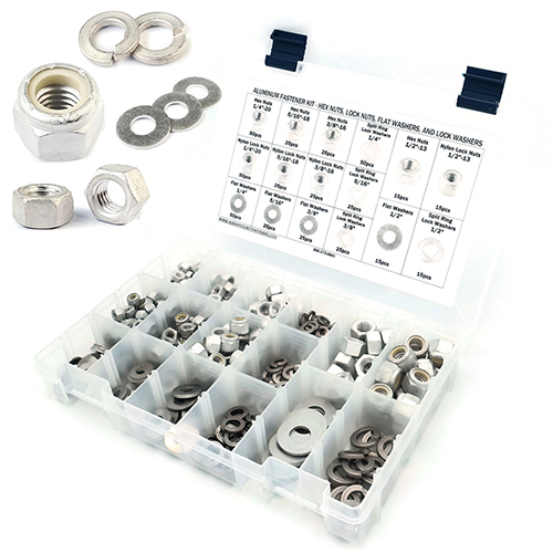 Kit Assortment, Hex Finish Nuts, Washers, Lock Nuts, and Lock Washers, Aluminum, 461 Pieces Kit Assortment, Hex Finish Nuts, Washers, Lock Nuts, and Lock Washers, Aluminum, 461 Pieces
