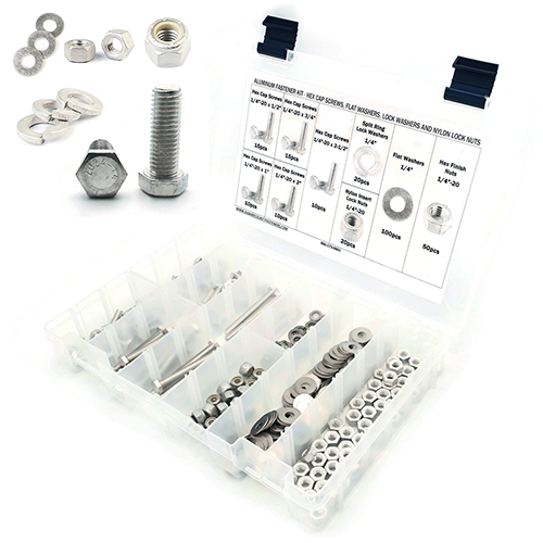 Kit Assortment, Hex Tap Bolts with Nuts and Washers, Aluminum, 1/4"-20, 251 Pieces