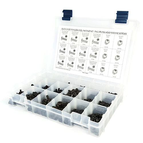Kit Assortment, Machine Screws w/ Nuts, Phillips Pan Head, Black Oxide Stainless Steel, 1101 Pieces Kit Assortment, Machine Screws w/ Nuts, Phillips Pan Head, Black Oxide Stainless Steel, 1101 Pieces