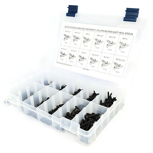 Kit Assortment, Sheet Metal Screws, Phillips Pan Head, Black Oxide Stainless Steel, 451 Pieces Kit Assortment, Sheet Metal Screws, Phillips Pan Head, Black Oxide Stainless Steel, 451 Pieces