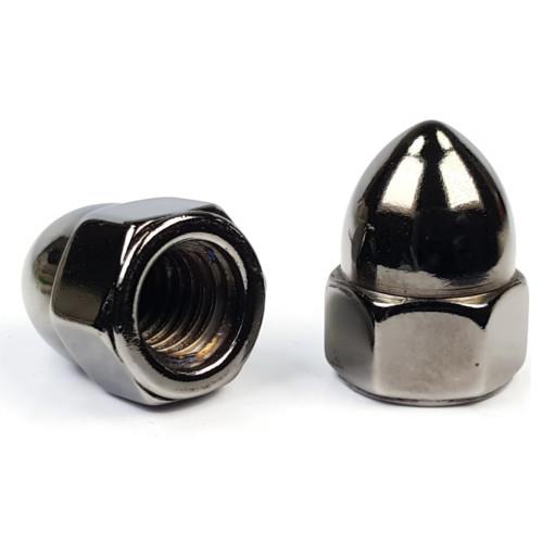 Black Acorn Nuts, Chrome Plated Steel, 1/4"-28