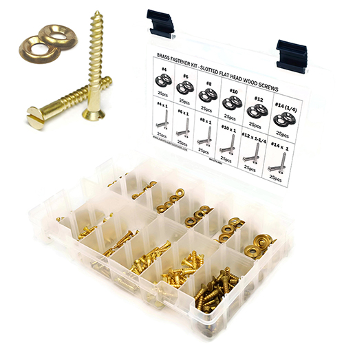 Kit Assortment, Wood Screws with Cup Washers, Slotted Flat Head, Brass, 301 Pieces Kit Assortment, Wood Screws with Cup Washers, Slotted Flat Head, Brass, 301 Pieces
