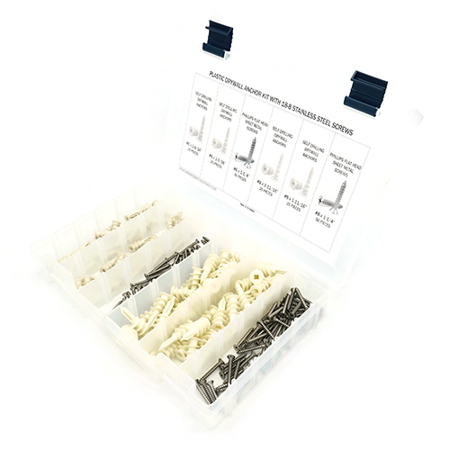 Kit Assortment, Sheet Metal Screws Flat Head with Plastic Self Drilling Drywall Anchors