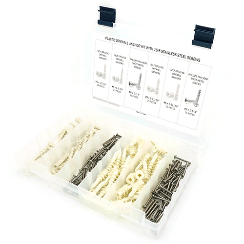 Kit Assortment, Sheet Metal Screws Pan Head with Plastic Self Drilling Drywall Anchors