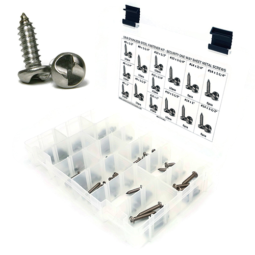 Kit Assortment, Sheet Metal Screws, Tamper Proof, One Way, Stainless Steel, 121 Pieces Kit Assortment, Sheet Metal Screws, Tamper Proof, One Way, Stainless Steel, 121 Pieces