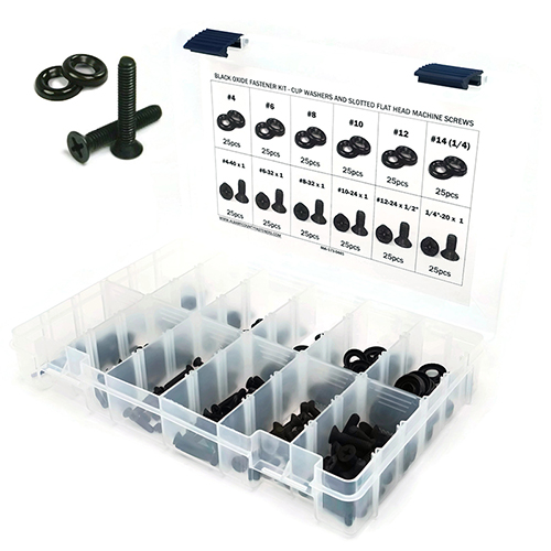 Kit, Machine Screws with Cup Washers, Flat Head, Black Oxide Stainless Steel Phillips, 301 Pieces