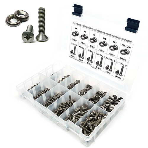 Kit Assortment, Machine Screws with Cup Washers, Phillips Oval Head, Stainless Steel, 601 Pieces Kit Assortment, Machine Screws with Cup Washers, Phillips Oval Head, Stainless Steel, 601 Pieces
