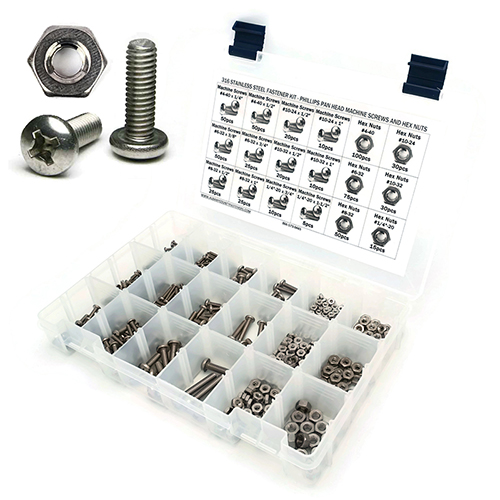 Kit Assortment, Machine Screws with Nuts, Phillips Pan Head, 316 Stainless Steel, 601 Pieces
