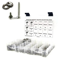 Kit, Sheet Metal Screws with Finishing Cup Washers, Phillips Oval Head, Stainless Steel 18-8, 501 Pi