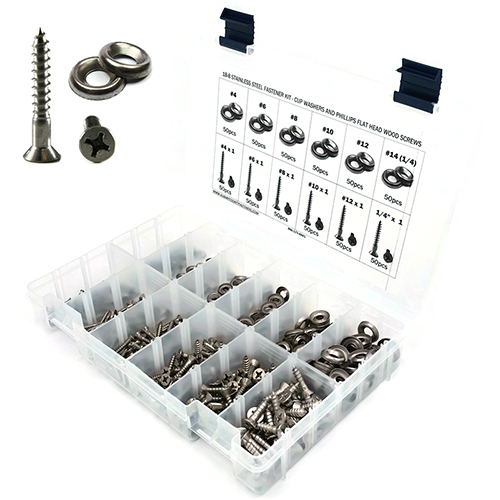 Kit Assortment, Wood Screws with Cup Washers, Phillips Flat Head, Stainless Steel, 601 Pieces