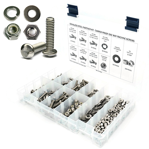 Kit, Tamper Proof Machine Screws with Nuts and Washers, One Way, Stainless Steel, 1/4"-20, 451 Piece