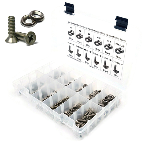 Kit Assortment, Machine Screws with Cup Washers, Phillips Flat Head, Stainless Steel, 301 Pieces Kit Assortment, Machine Screws with Cup Washers, Phillips Flat Head, Stainless Steel, 301 Pieces