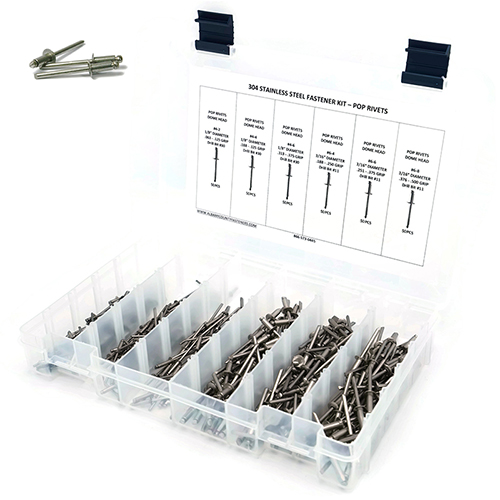 Kit Assortment, Pop Rivets, Stainless Steel 304, Sizes Sizes #4-2 through #6-8, 301 Pieces Kit Assortment, Pop Rivets, Stainless Steel 304, Sizes Sizes #4-2 through #6-8, 301 Pieces