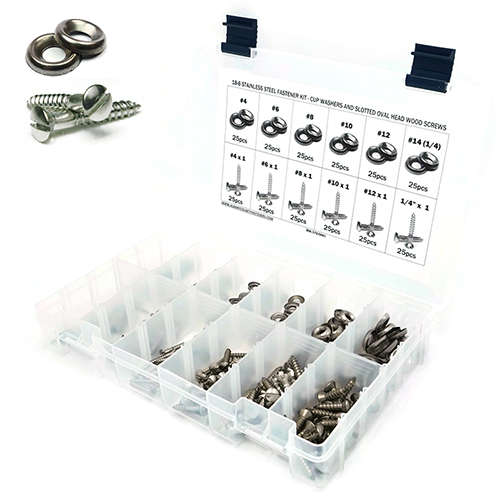 Kit Assortment, Wood Screws with Cup Washers, Slotted Oval Head, Stainless Steel, 301 Pieces Kit Assortment, Wood Screws with Cup Washers, Slotted Oval Head, Stainless Steel, 301 Pieces