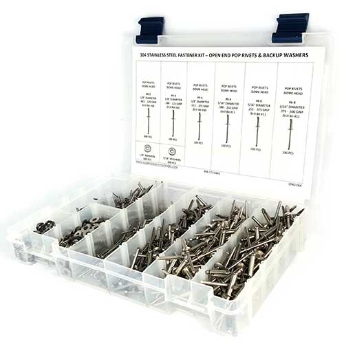 Kit Assortment, Pop Rivets with Washers, Sizes#4-2 through #6-8, 304 Stainless Steel, 1201 Pieces Kit Assortment, Pop Rivets with Washers, Sizes#4-2 through #6-8, 304 Stainless Steel, 1201 Pieces
