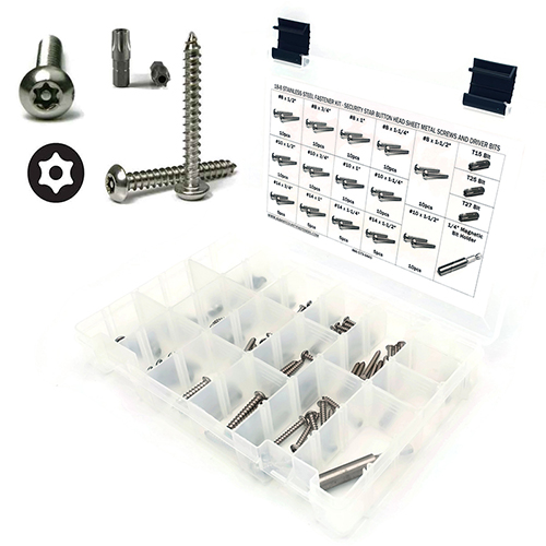 Kit, Sheet Metal Screws, Tamper Proof, Star DriveButton Head, Stainless Steel 18-8, 125 Pieces