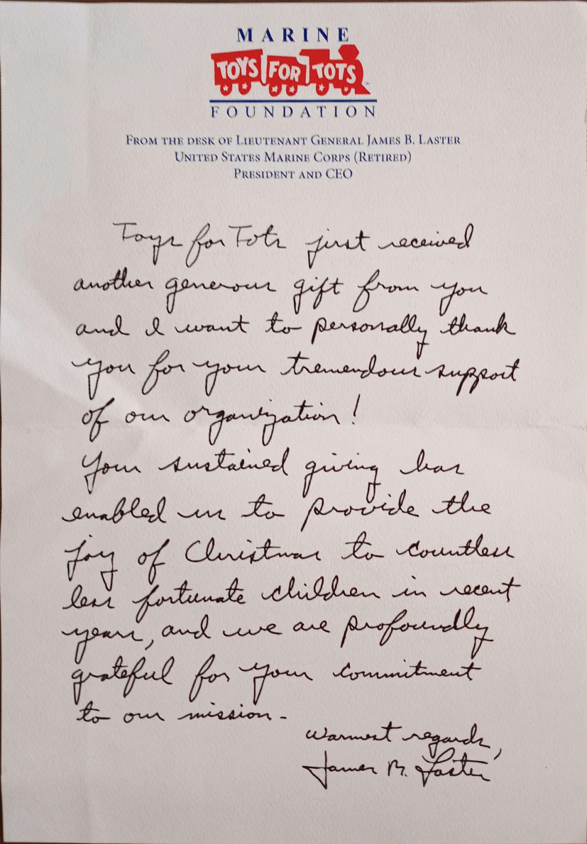 toys for tots letter from James Laster