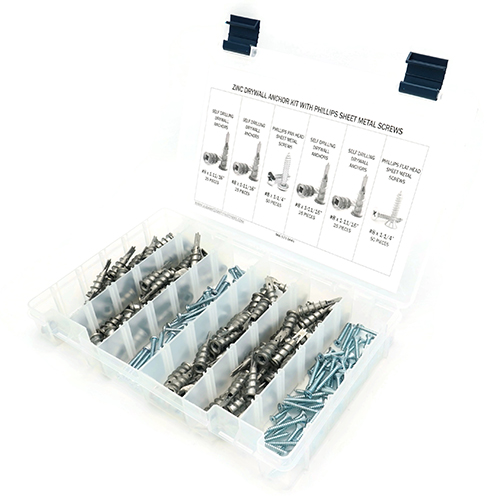 Kit Assortment, Sheet Metal Screws with Self Drilling Drywall Anchors, Zamak Zinc