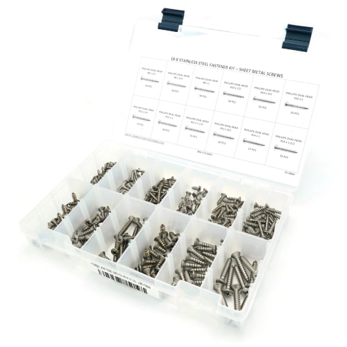 Kit Assortment, Sheet Metal Screws, Phillips Oval Head, Stainless Steel 18-8, 296 Pieces Kit Assortment, Sheet Metal Screws, Phillips Oval Head, Stainless Steel 18-8, 296 Pieces