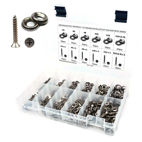 Kit, Sheet Metal Screws w/ Finishing Cup Washers, Phillips Flat Hd, Stainless Steel 18-8, 601 Pieces Kit, Sheet Metal Screws w/ Finishing Cup Washers, Phillips Flat Hd, Stainless Steel 18-8, 601 Pieces