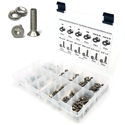 Kit Assortment, Machine Screws with Cup Washers, Star Drive Flat Head, Stainless Steel, 301 Pieces